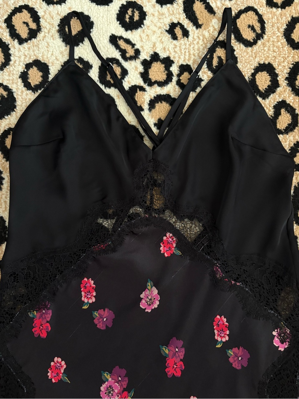 Victoria's Secret 2000s Black Lace Trim Floral Satin Slip Dress - Picture 2 of 7